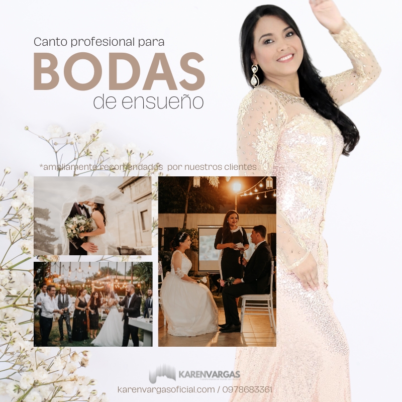 Karen Vargas mostrando sus participaciones profesionales de Canto profesional para bodas como parte de sus servicios como artista profesional en bodas de una forma minimalista y elegante
